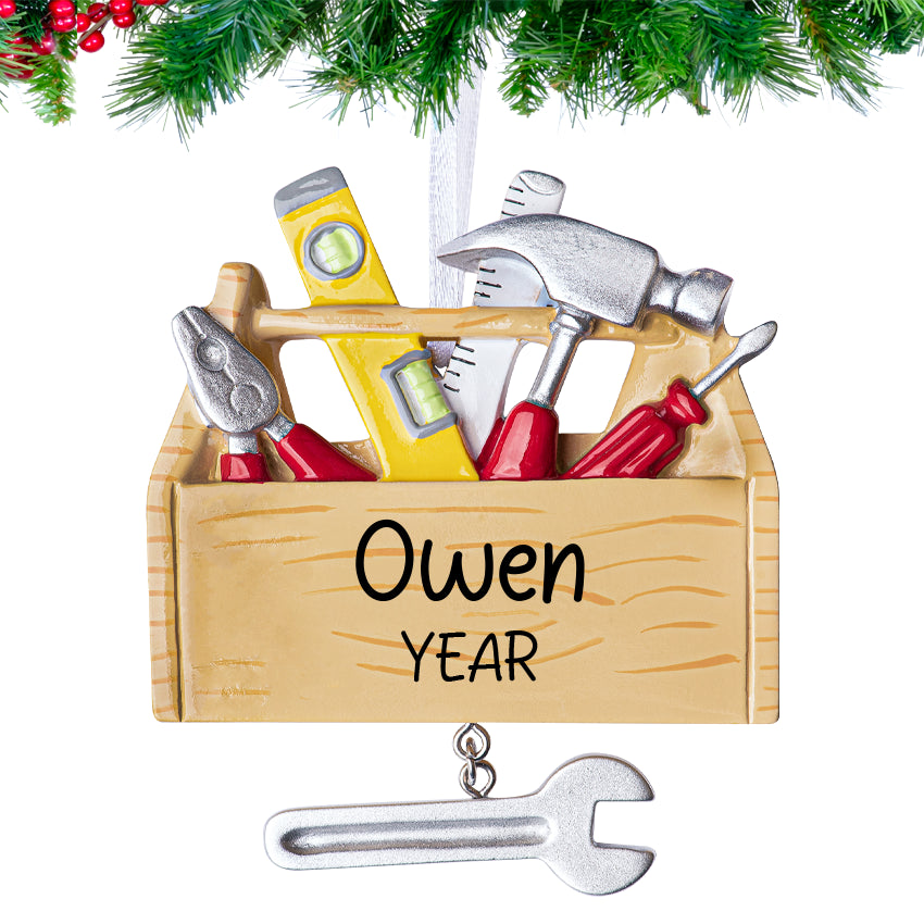 Personalized tool box ornament with molded wrenches and hand‑lettered name tag