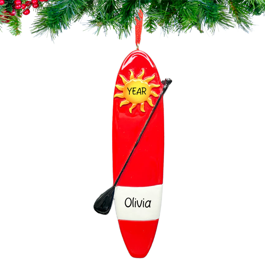 Hand‑lettered name and year on Personalized Paddle Board Christmas Ornament.