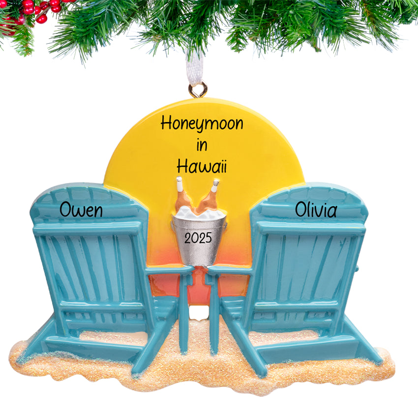 Personalized couples beach vocation ornament engaged and wedding