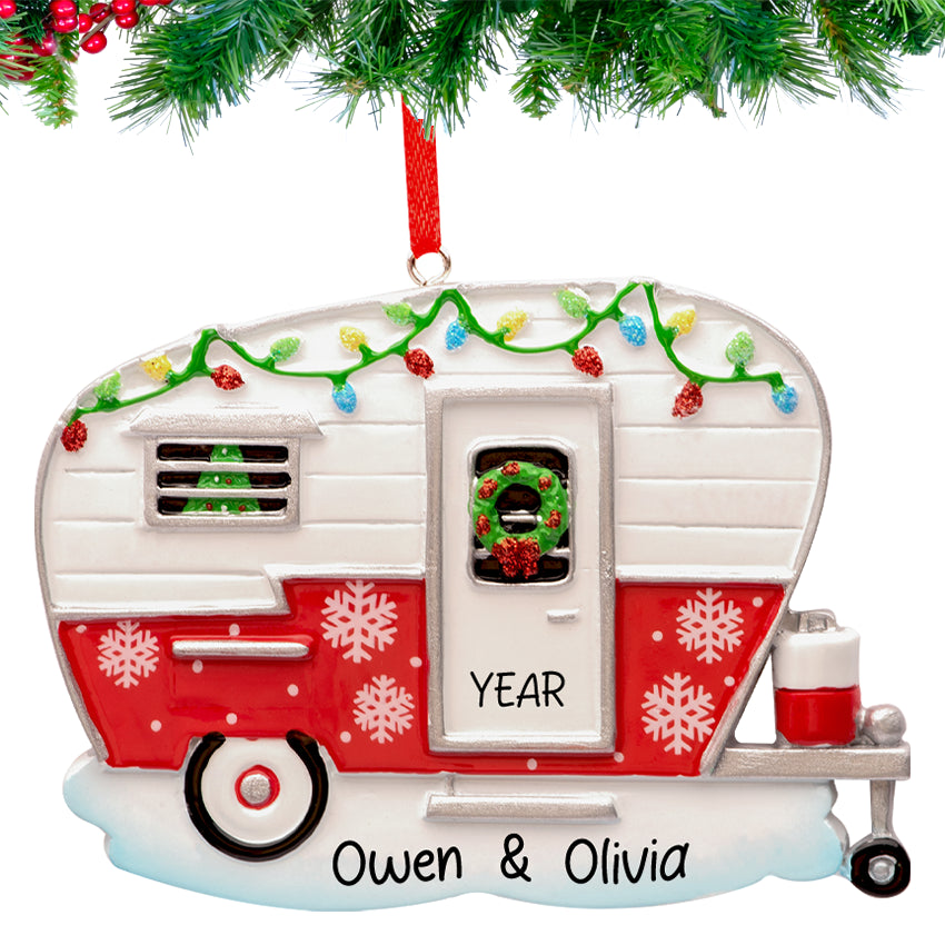 Personalized RV pop-up camper Christmas ornament, perfect for celebrating camping adventures.