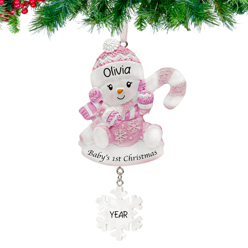 Personalized girl first Christmas ornaments featuring a snowbaby, a sweet keepsake for her memories.