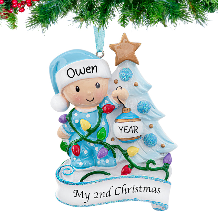 Customized baby boy's second Christmas ornaments, perfect for celebrating his special moments.