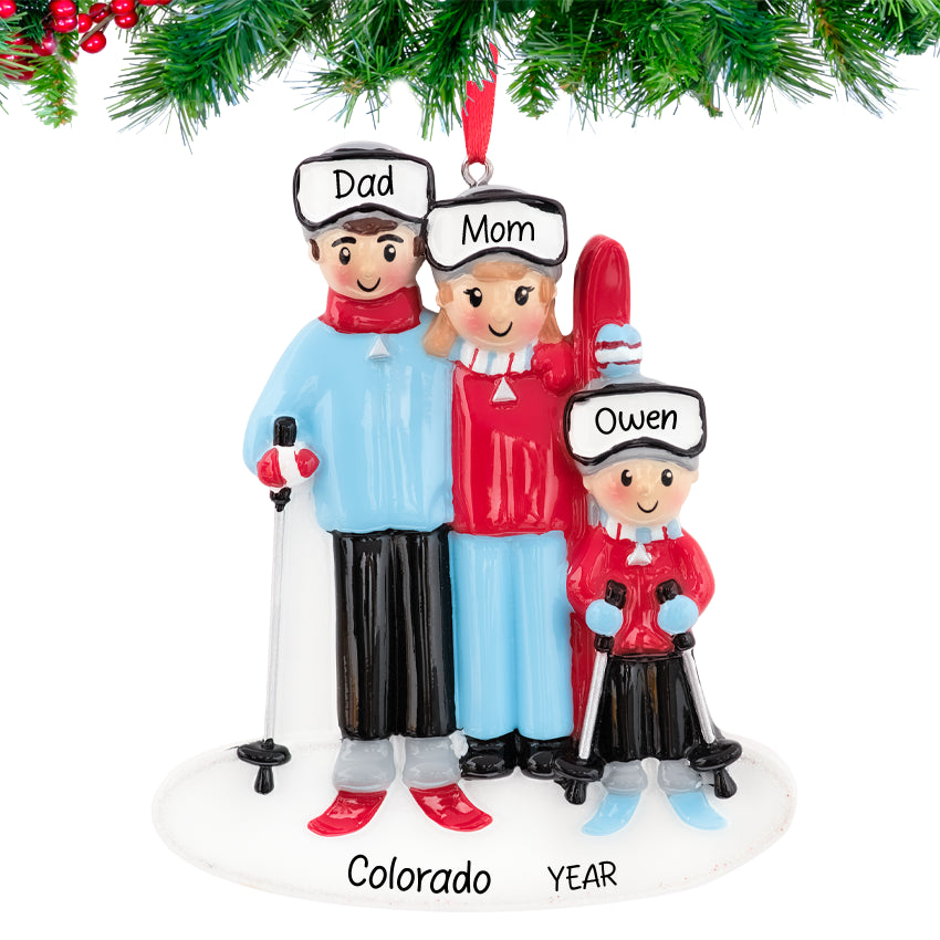 Personalized ski family of 3 ornament on christmas three