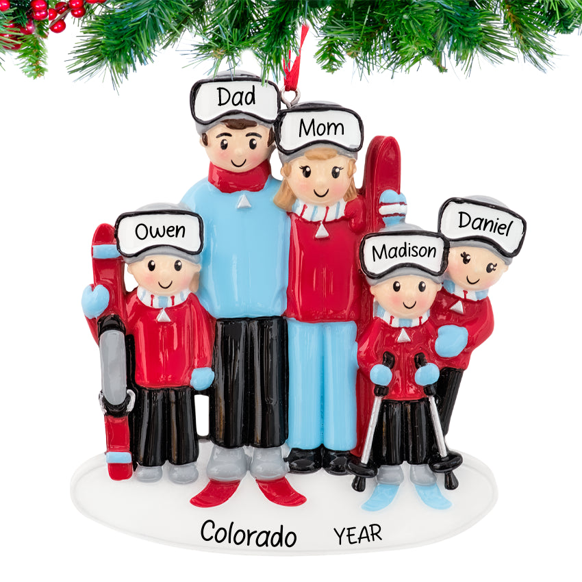 Custom Ski Family of 5 Christmas Ornament