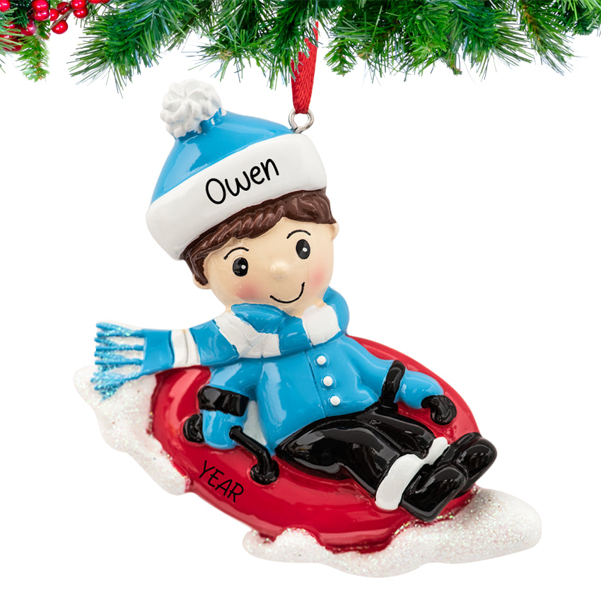 Personalized Snow Tubing Boy Christmas Ornament
