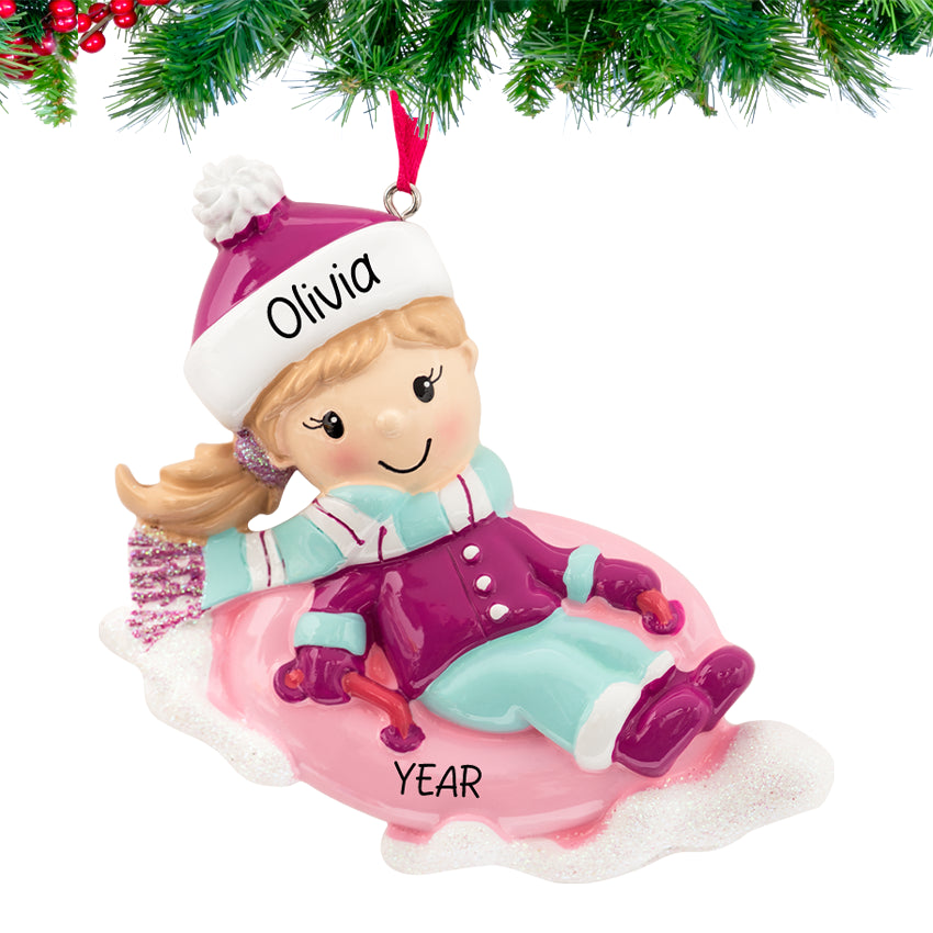 Personalized Snow Tubing Girl Christmas Ornament