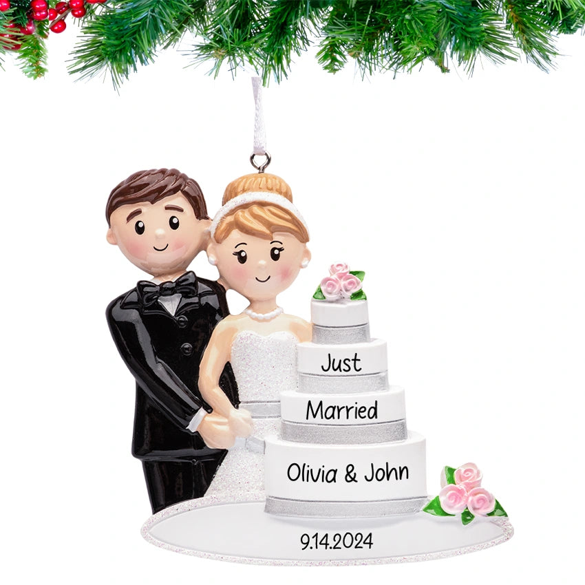 Close‑up of names & year hand‑lettered on Personalized Just Married – Wedding Cake Christmas Ornament