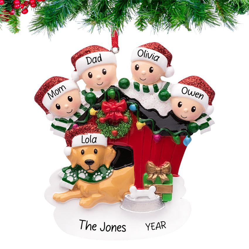 Names & year hand‑lettered on Personalized Family of 4 with Dog Christmas Ornament