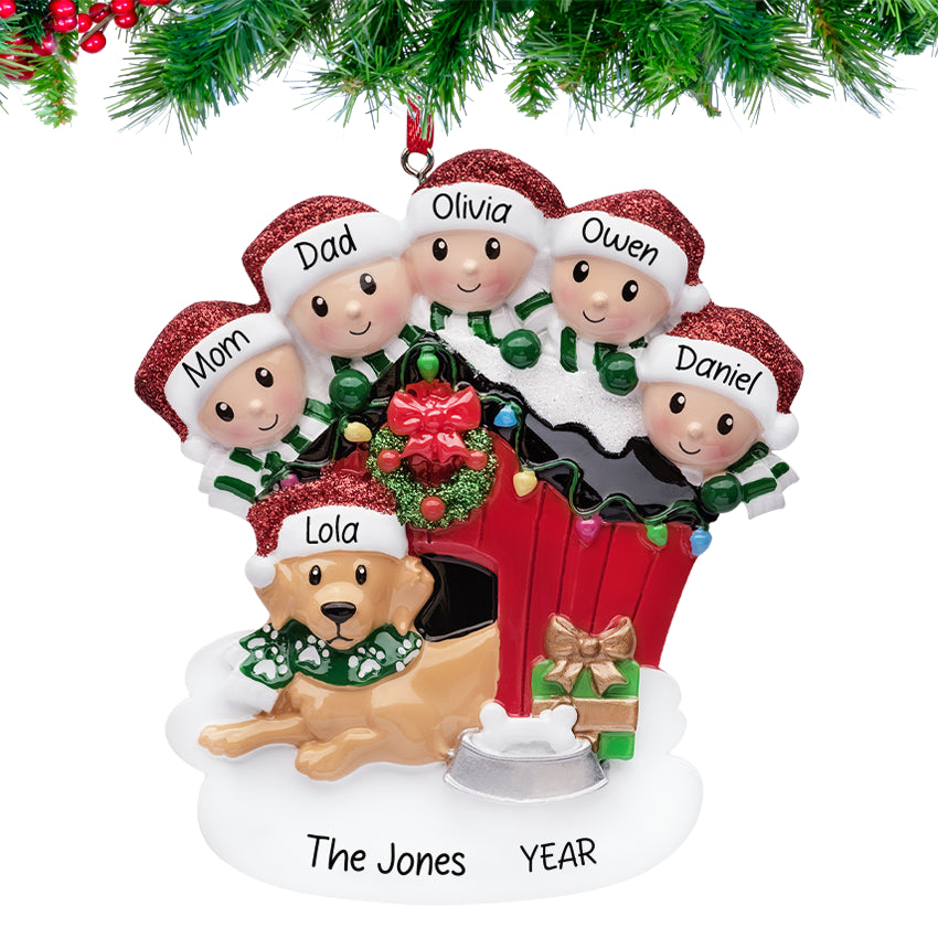 Personalized Family of 5 with Dog Christmas Ornament
