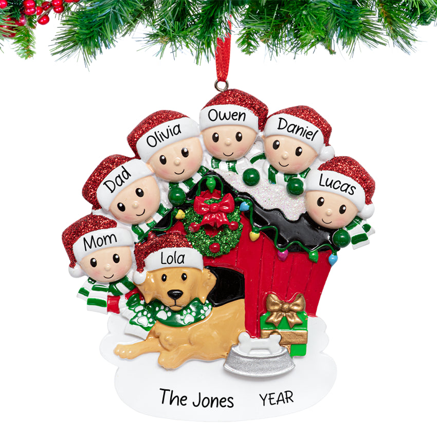 Personalized Family of 6 with Dog Christmas Tree Ornament