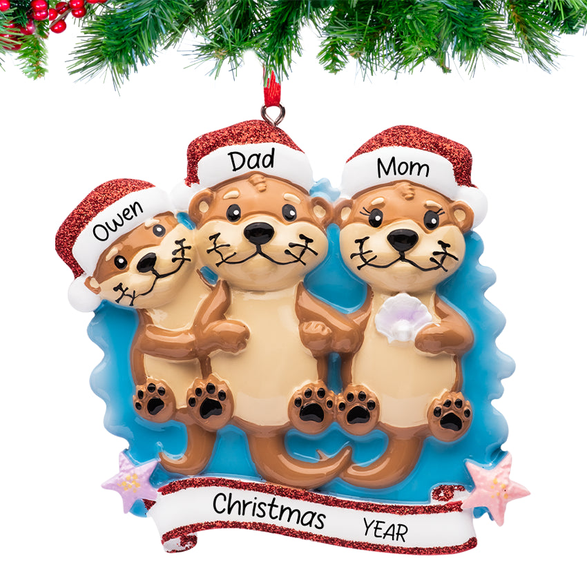 Personalized Otter Family of 3 Christmas Ornament