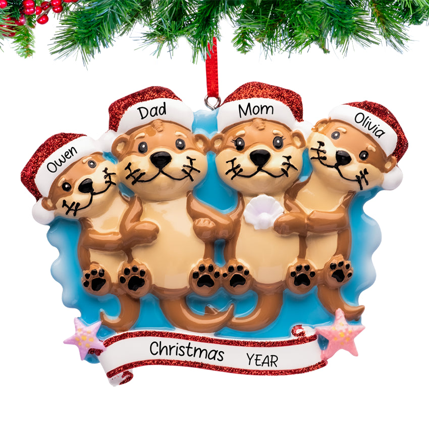 Personalized Otter Family of 4 Christmas Ornament