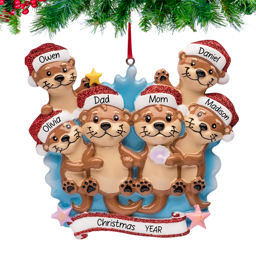 Personalized Otter Family of 6 Ornament with custom names & year