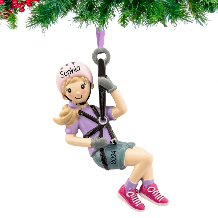 Personalized Zipline Girl Christmas Ornament