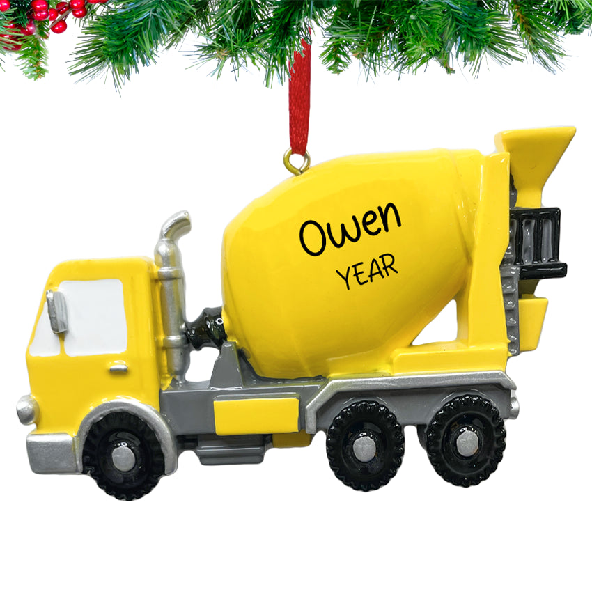 Front view of Personalized Cement Truck Christmas Ornament showing hand‑lettered name and year.