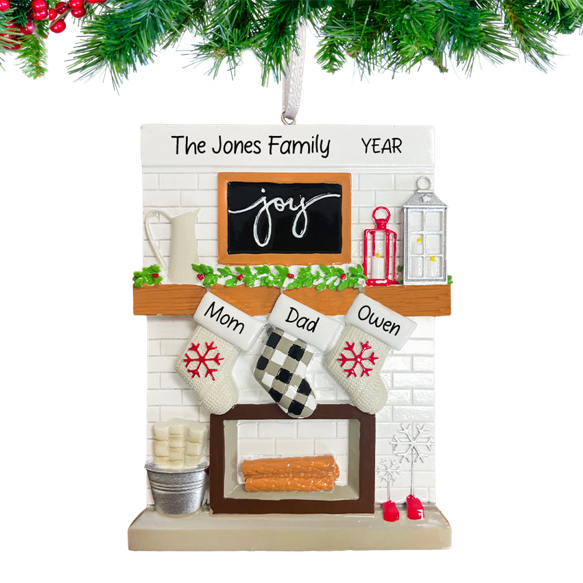 Personalized Fireplace Mantel Family of 3 Christmas Ornament