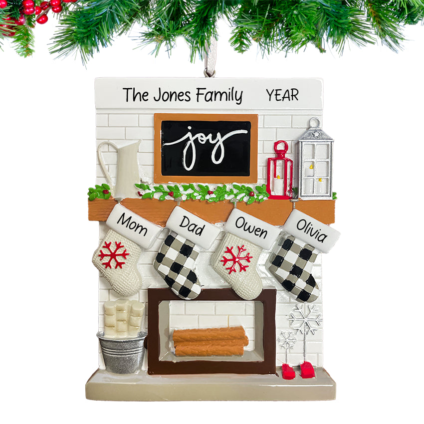 Personalized Fireplace Mantel Family of 4 Christmas Ornament