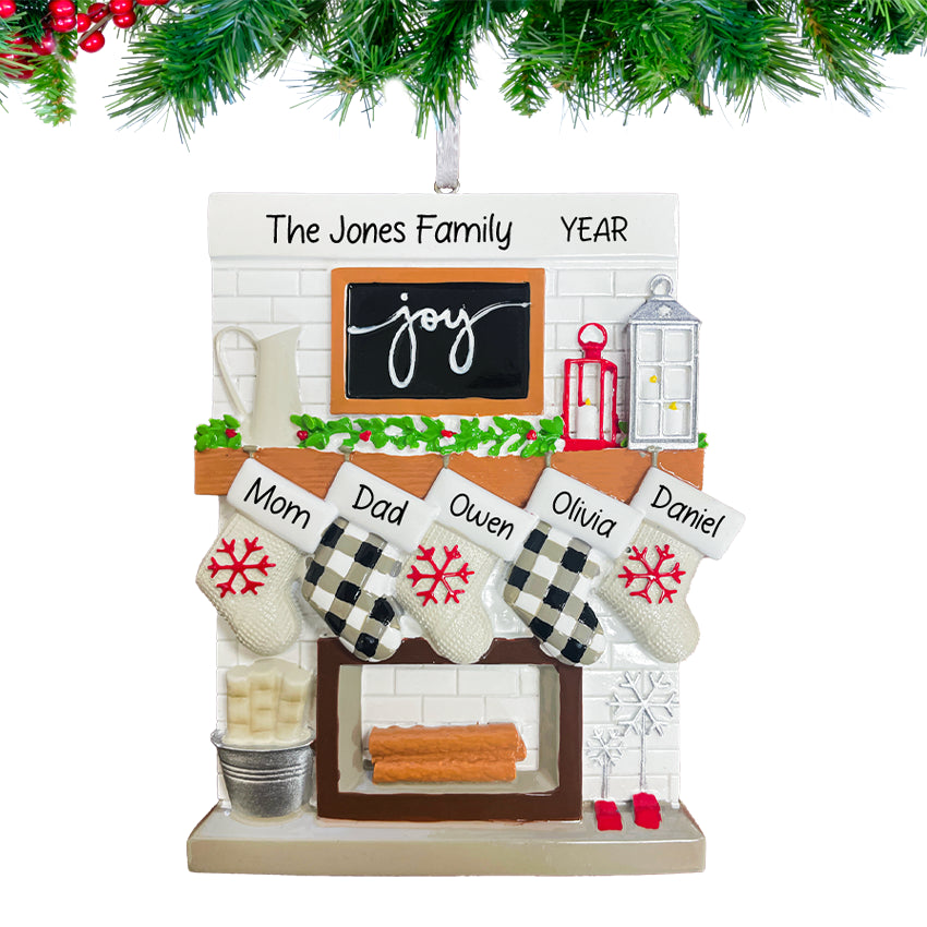 Personalized Fireplace Mantel Family of 5 Christmas Ornament