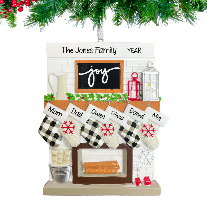 Personalized Family of 6 Christmas Ornament - Fireplace Mantel