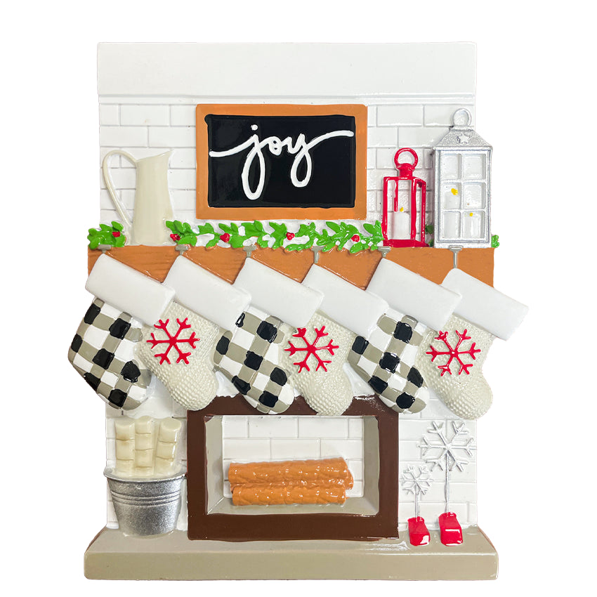 Personalized Family of 6 Christmas Ornament - Fireplace Mantel