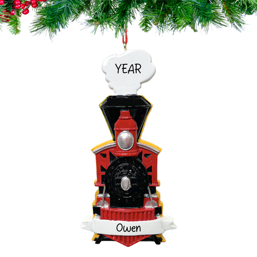 Personalized locomotive Christmas ornament with hand‑lettered name and year on resin steam engine