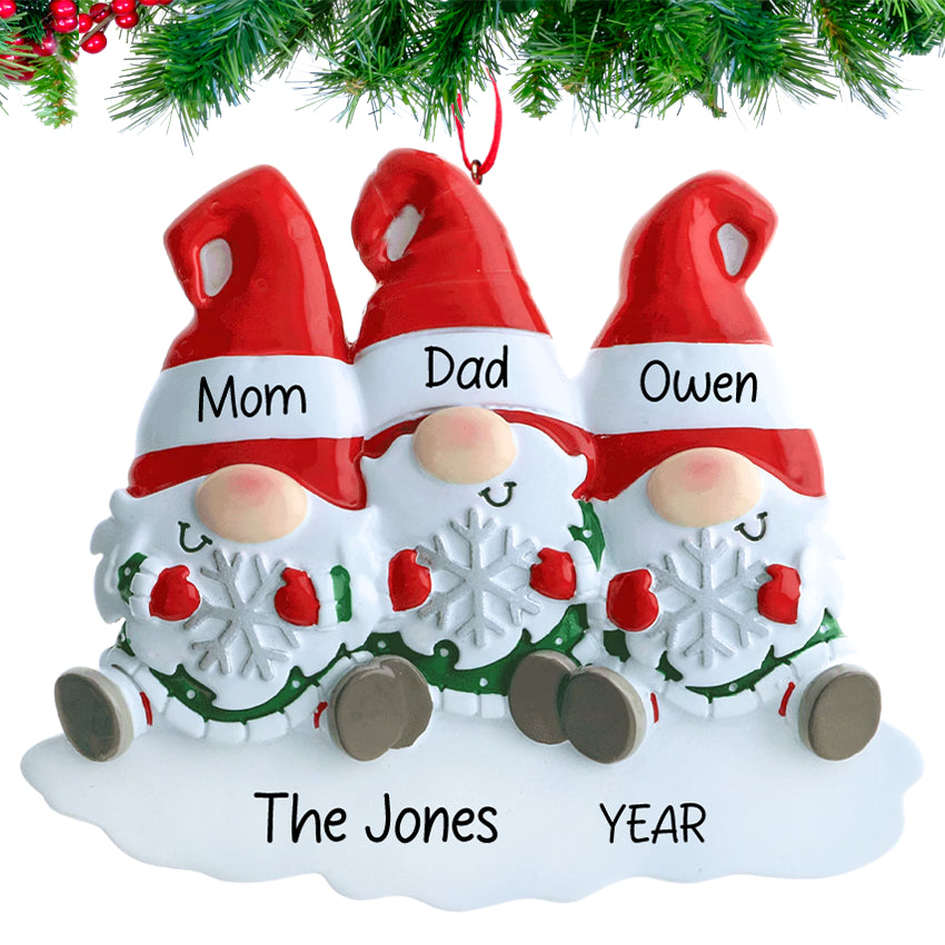Personalized Gnome Family of 3 Christmas Ornament