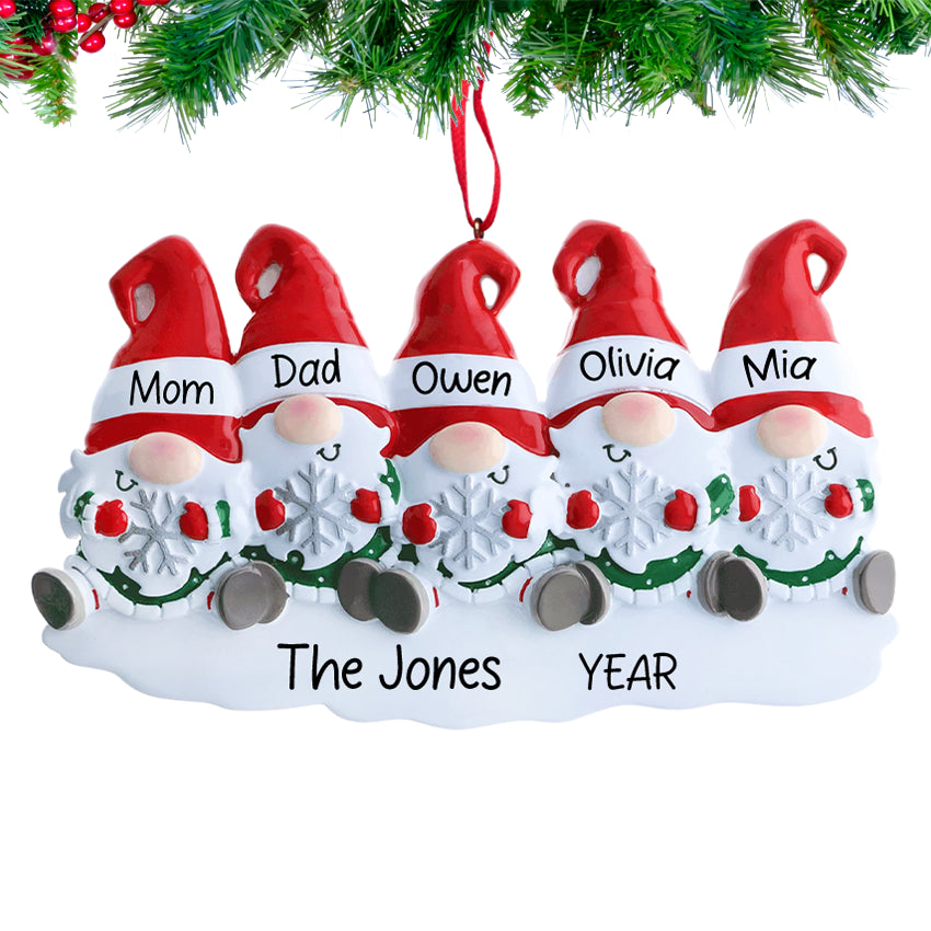Personalized Gnome Family of 5 Christmas Ornament