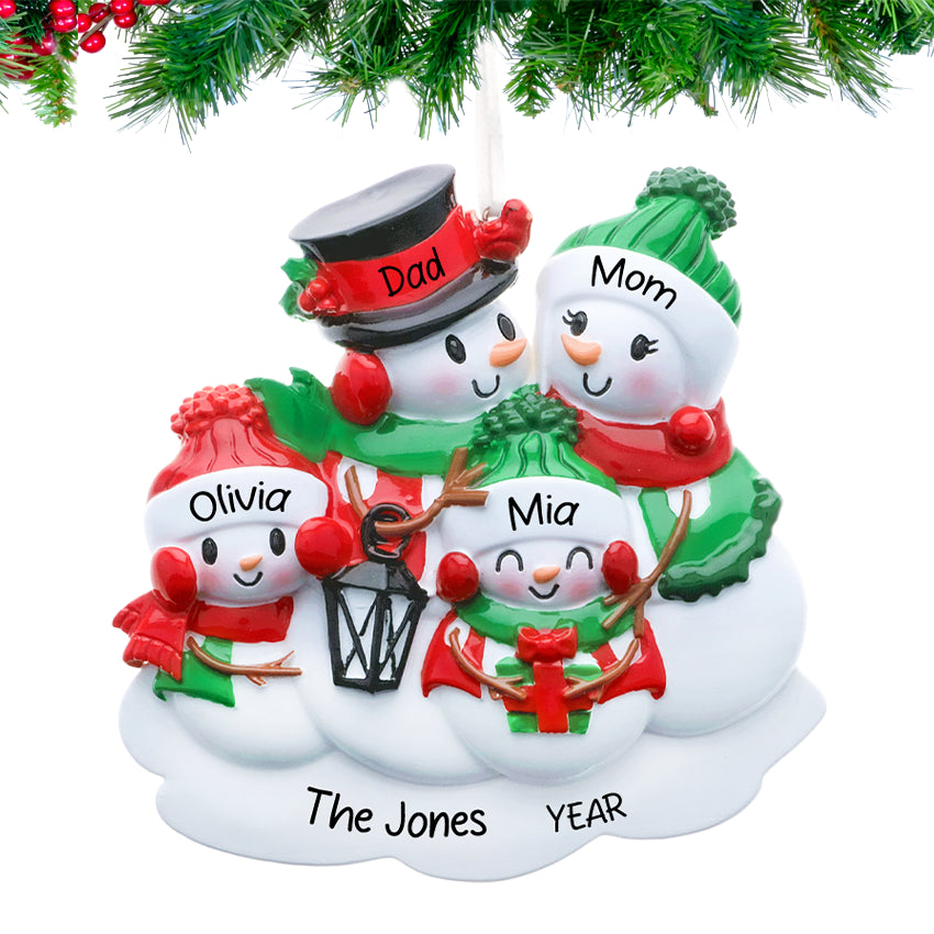 Personalized Lantern Snowman Family of 4 Christmas Ornament