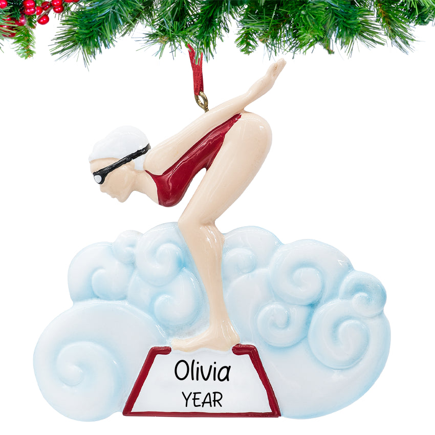Personalized swimming girl ornament mid‑stroke with hand‑lettered name and 2025 tag