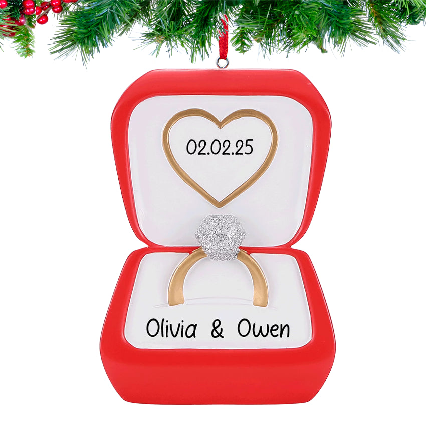 Personalized Diamond Engagement Ring in Red Box Christmas Ornament