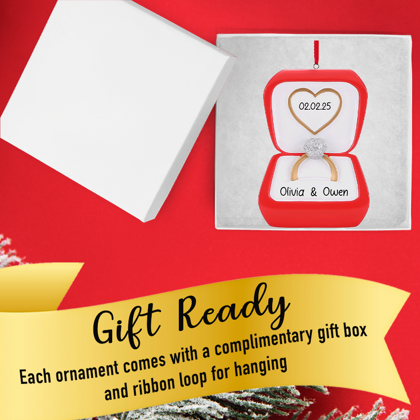 Personalized Diamond Engagement Ring in Red Box Christmas Ornament