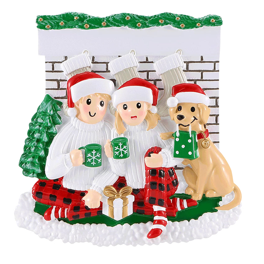 Personalized Fireplace Couple with Dog Christmas Ornament