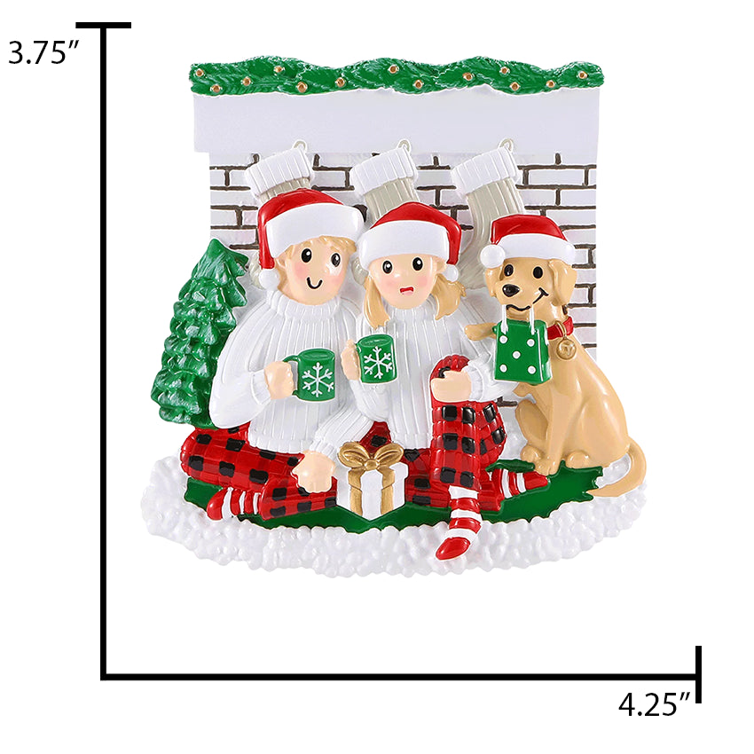 Personalized Fireplace Couple with Dog Christmas Ornament