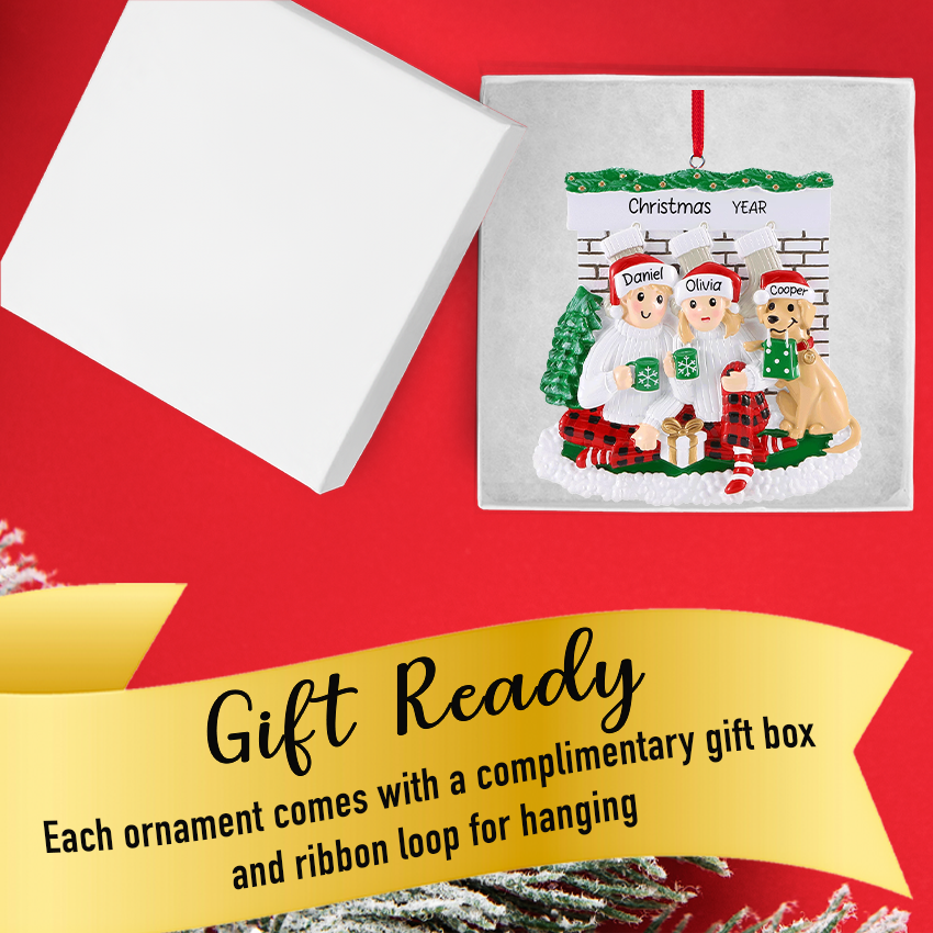 Personalized Fireplace Couple with Dog Christmas Ornament