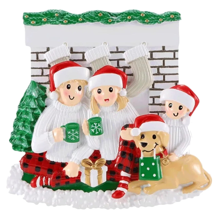 Personalized Fireplace Family of 3 with Dog Christmas Ornament