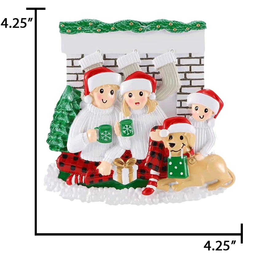 Personalized Fireplace Family of 3 with Dog Christmas Ornament