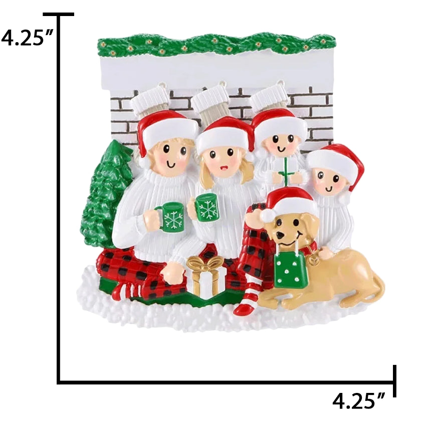 Personalized Fireplace Family of 4 with Dog Christmas Ornament