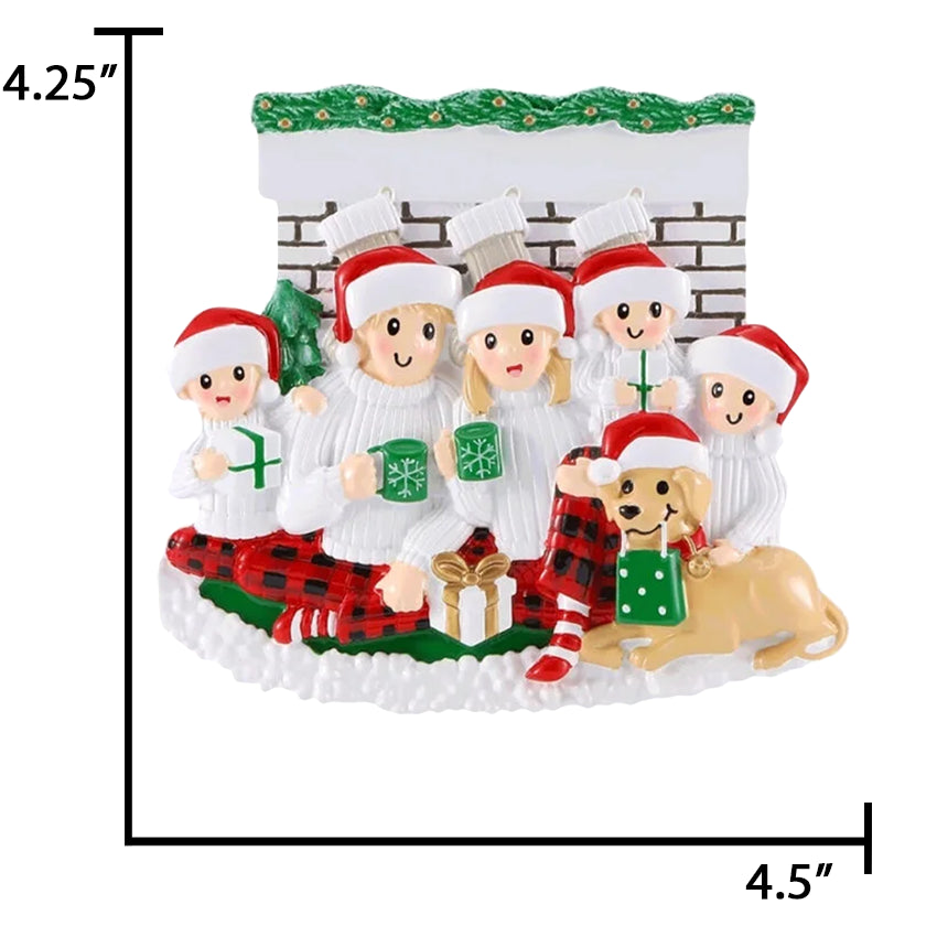 Personalized Fireplace Family of 5 with Dog Christmas Ornament