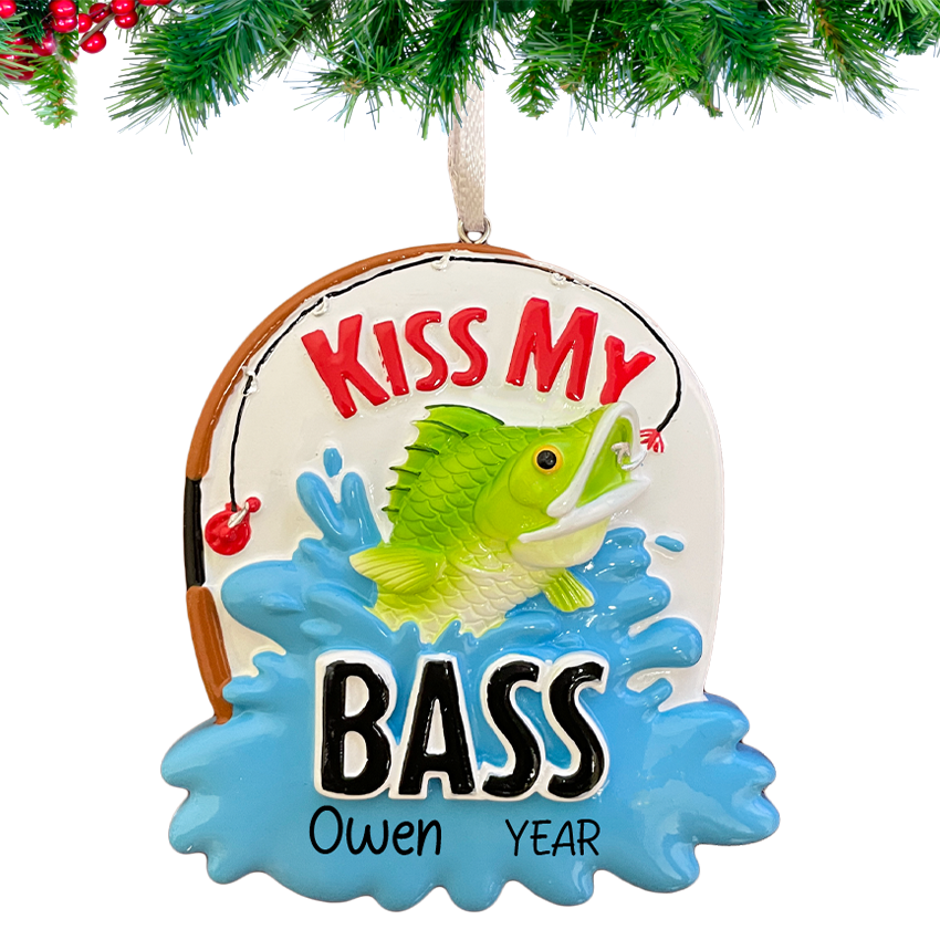 Personalized Kiss My Bass Fish Fishing Christmas Ornament