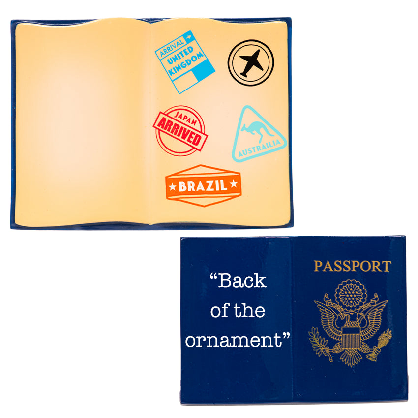 Passport-shaped ornament with travel stamps and 'Back of the ornament' text