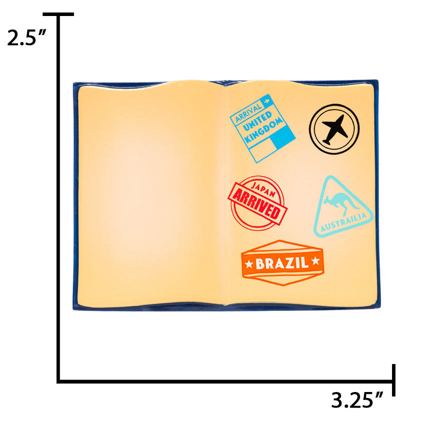 Plush passport with travel stamps on a white background