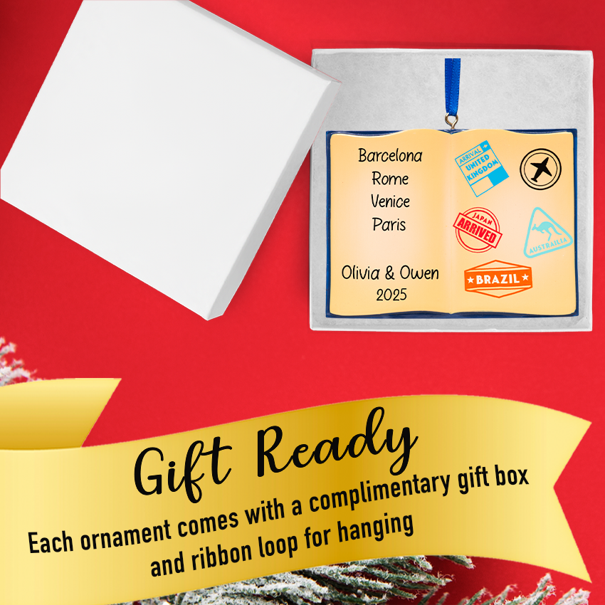 Personalized ornament with travel stamps on a red background, accompanied by a gift box and ribbon.