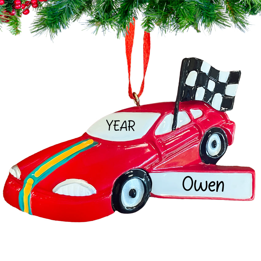 Hand‑lettered driver’s name and year on Personalized Race Car Christmas Ornament
