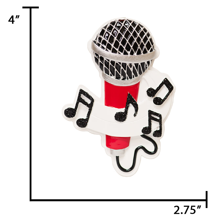 Red microphone with musical notes and measurements on a white background