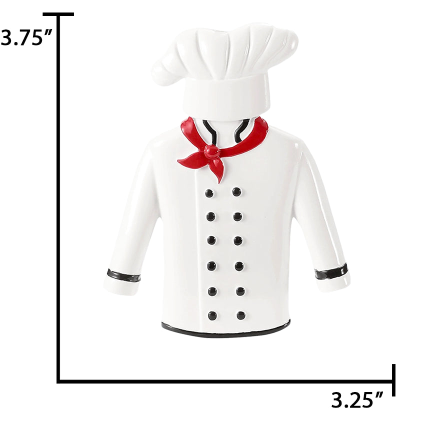 White chef's coat ornament with black buttons and a red bow tie, shown with measurements on a white background.
