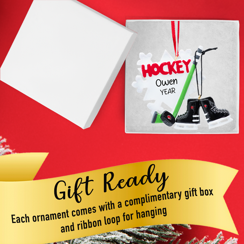 Personalized Ice Hockey Skates Stick & Puck Christmas Ornament