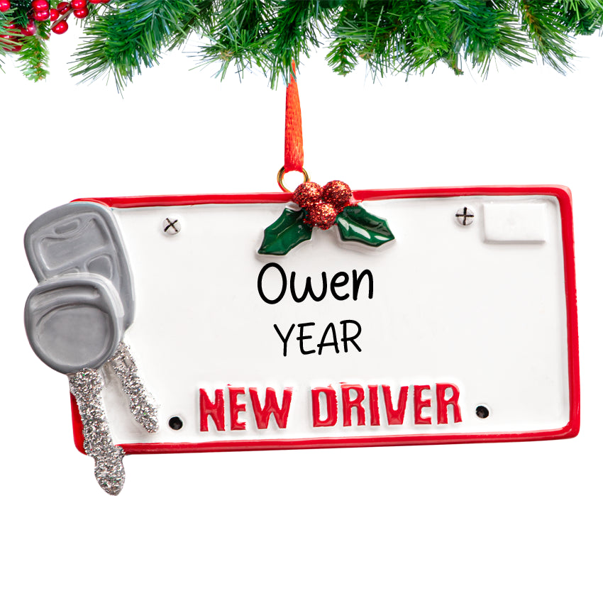 Christmas ornament featuring a personalized driver's license design with custom name, perfect for commemorating a new driver's milestone during the holidays.
