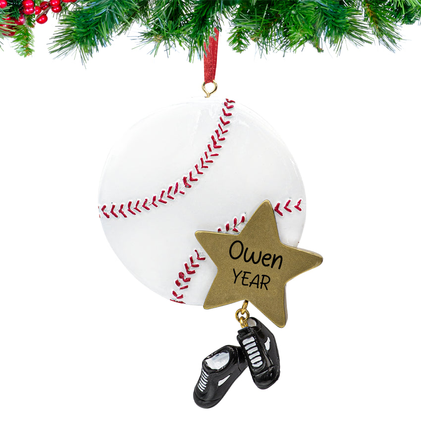 Personalized baseball ball ornament with hand‑lettered name, year tag, and miniature cleats