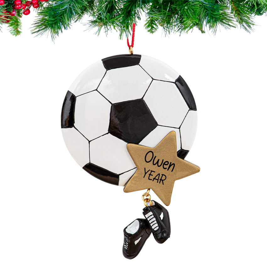Personalized soccer ball ornament with hand‑lettered name, year tag, and miniature cleats