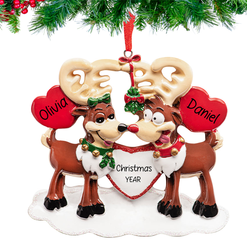 Personalized Reindeer Couple Under The Mistletoe Christmas Ornament